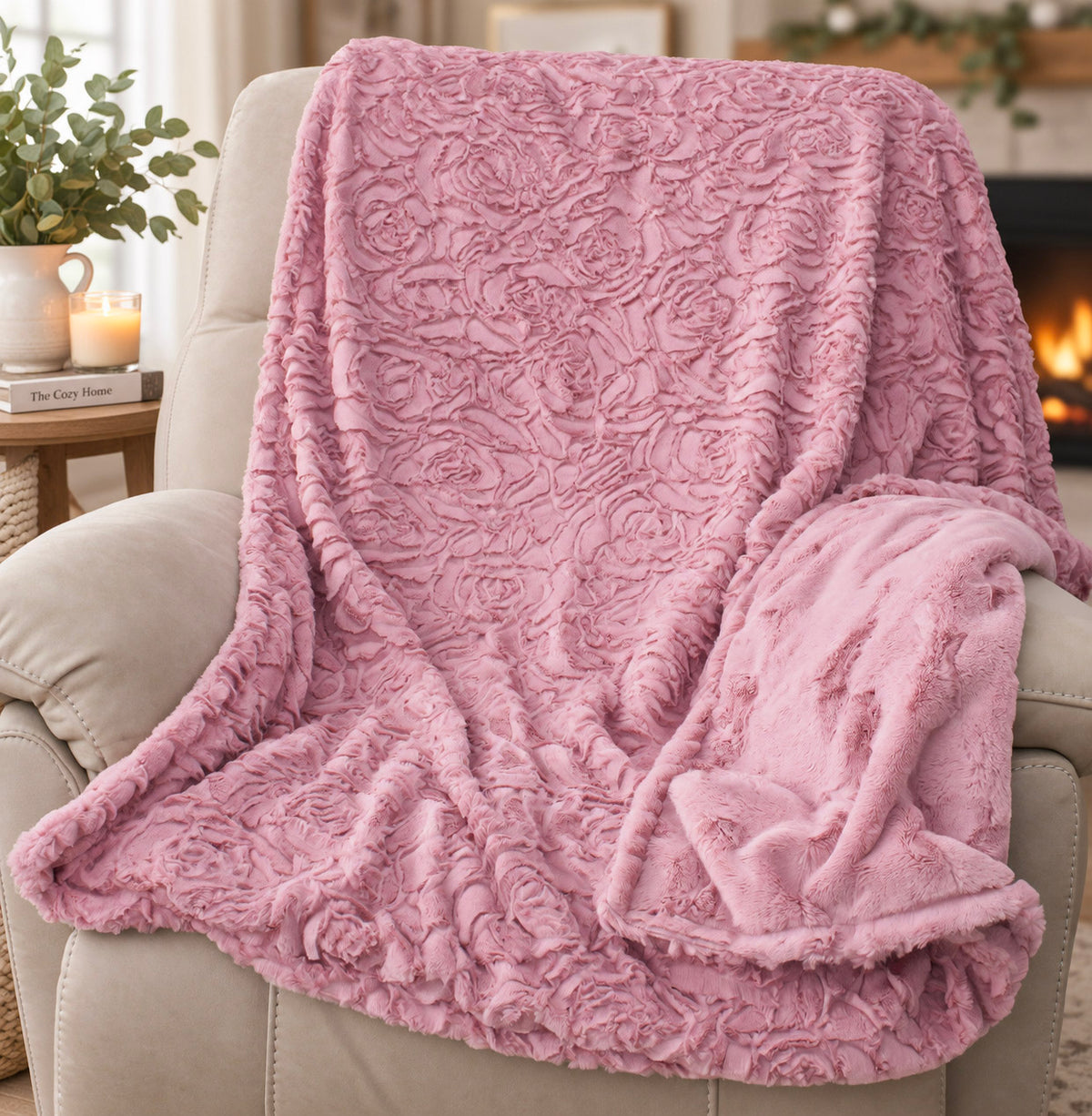 Floral Woodrose Pink Adult Minky Blanket 