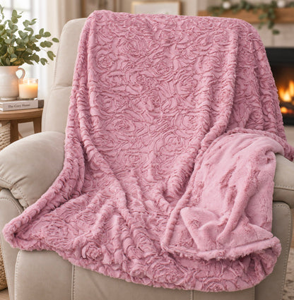 Floral Woodrose Pink Adult Minky Blanket 