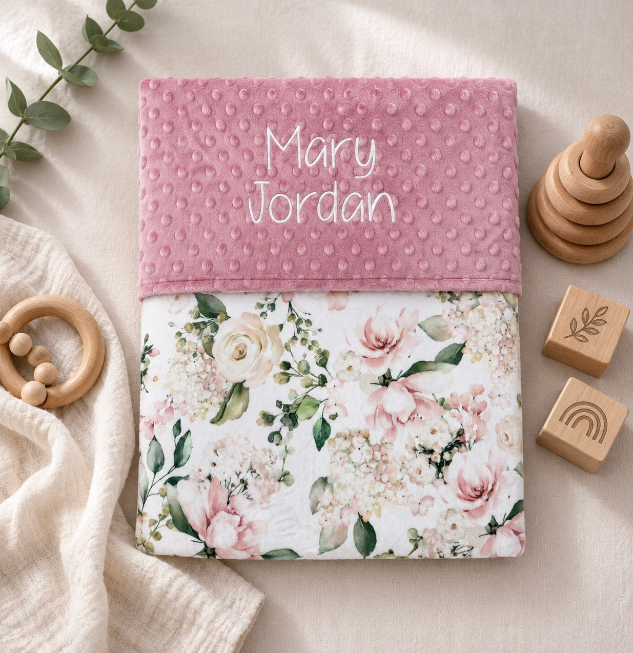 Personalized Pink Floral Baby Blanket | Custom Minky Baby Blanket | Wildflower Nursery Gift
